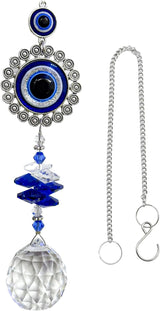 Crystal Suncatcher for Windows - Hanging Prism Sun Catchers with Crystal Balls&Blue Eye, Rainbow Maker for Home、 Garden、Car Decor (Round Eyes)