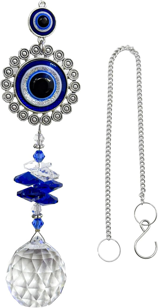 Crystal Suncatcher for Windows - Hanging Prism Sun Catchers with Crystal Balls&Blue Eye, Rainbow Maker for Home、 Garden、Car Decor (Round Eyes)