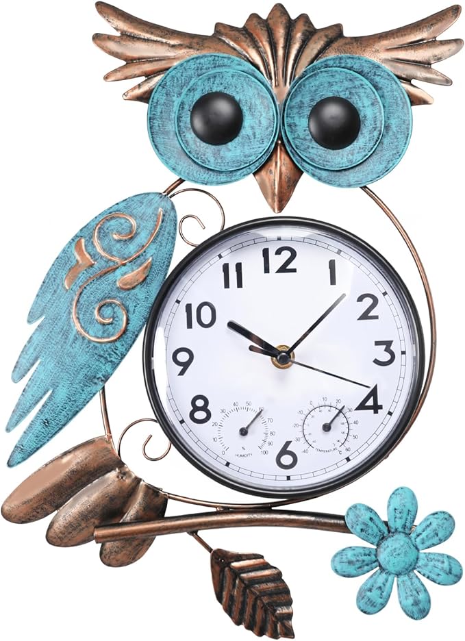 MUMTOP Owl Outdoor Clock Waterproof, 14.56 Inch Outside Wall Clock with Thermometer Combo for Patio Pool Garden Home Decor