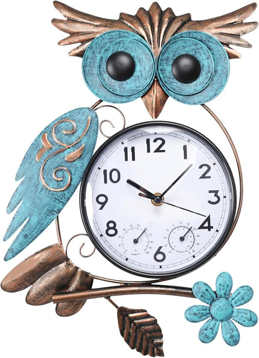 MUMTOP Owl Outdoor Clock Waterproof, 14.56 Inch Outside Wall Clock with Thermometer Combo for Patio Pool Garden Home Decor