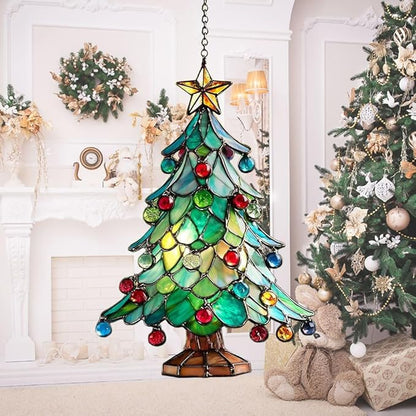 Mosaic Style Christmas Tree Ornaments Acrylic Suncatcher Stained Glass Effect Window Car Hanging Christmas Ornament Indoor Outdoor Decor Garden Sun Catcher Panel for Women Mom Grandma