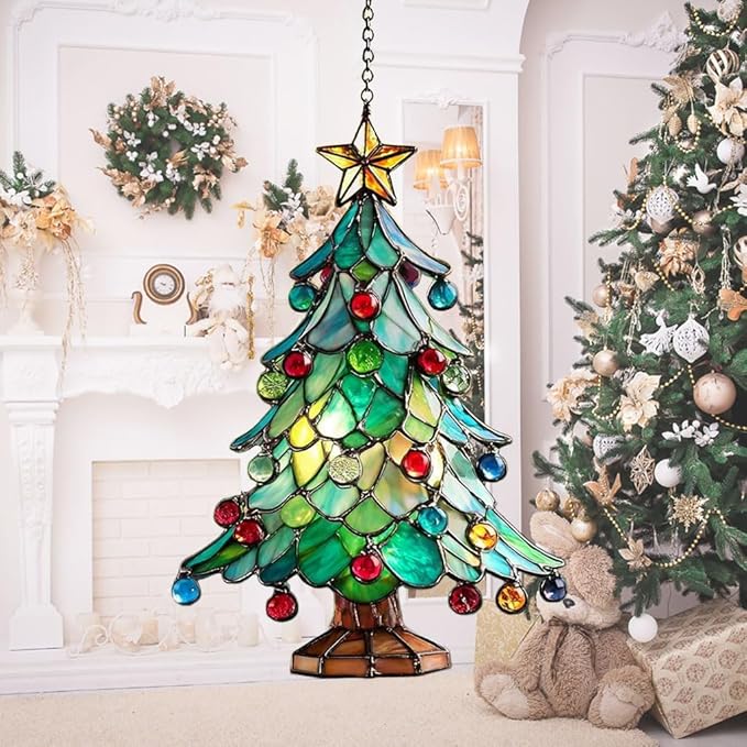 Mosaic Style Christmas Tree Ornaments Acrylic Suncatcher Stained Glass Effect Window Car Hanging Christmas Ornament Indoor Outdoor Decor Garden Sun Catcher Panel for Women Mom Grandma