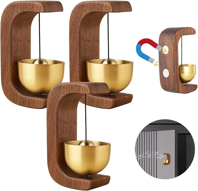 Wooden C Shaped Wind Chime, 3 Pcs Suction Door Type Solid Wood Bells, Adsorbent Walnut Doorbells with Metal Accents, Shopkeepers Bells, Modern Decorative Chimes for Homes, Gardens