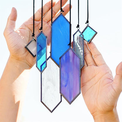 HDCRYSTALGIFTS Stained Glass Window Hanging Suncatchers - 7 Pieces Handcrafted Element Earth Tones Panel Set,Modern Blue Wall Art Sun Catchers Indoor Window Home Garden Decor