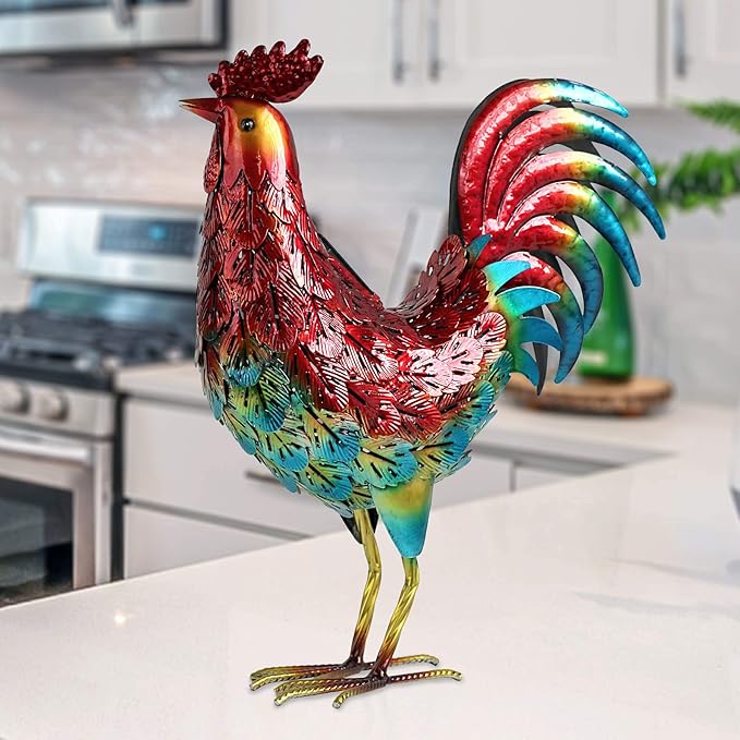 Kircust Solar Metal Rooster Animal Lights Garden Sculptures Art Decor, Outdoor LED Light Color Chicken Statue for Farm Patio Lawn Back Yard Home Decorations,13.98" WX5.9 DX16.74 H