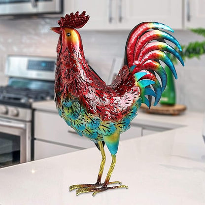 Kircust Solar Metal Rooster Animal Lights Garden Sculptures Art Decor, Outdoor LED Light Color Chicken Statue for Farm Patio Lawn Back Yard Home Decorations,13.98" WX5.9 DX16.74 H