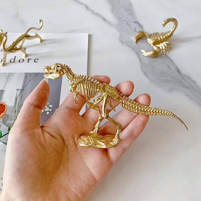Gold Tyrannosaurus Rex Skeleton Sculpture Solid Metal Animal Ornament Mini Animal Figurine for Home Office Garden Desktop Decor