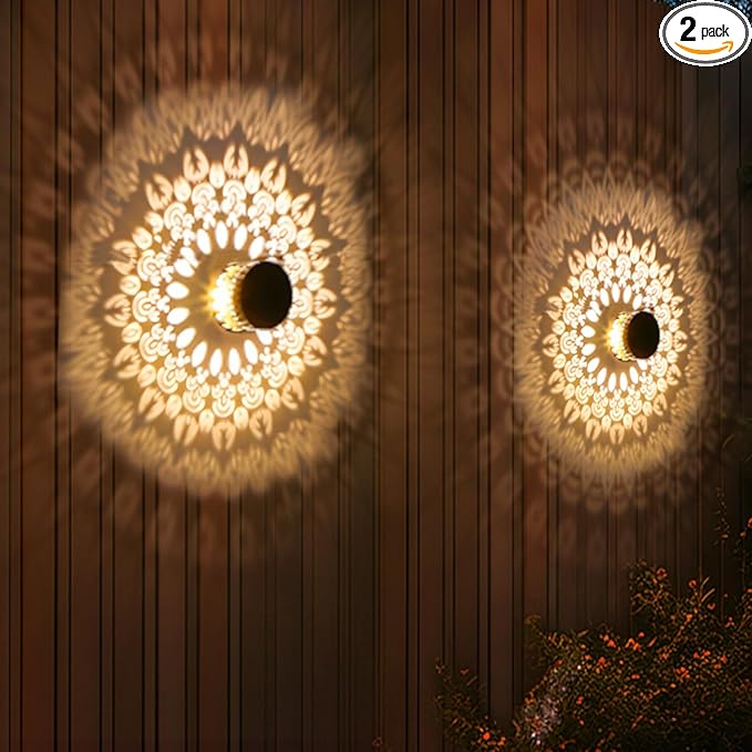 Neoglint 2 Pack Solar Mandala Fence Lights, Decorative Metal Solar Powered Outdoor Wall Deck Lights, IP55 Waterproof Warm White Mandala Lights Outdoor for Garden Patio Backyard Step Decor