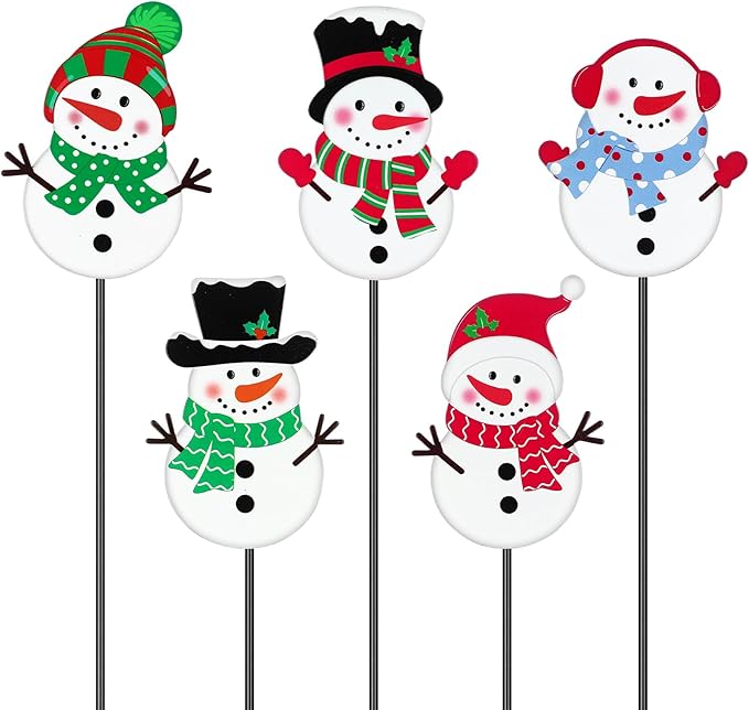Roowest 5 Pack 12'' H Metal Winter Yard Stakes Outdoor Decorations Snowman Garden Signs Christmas Potted Plant Stakes for Holiday Winter Home Lawn Garden Porch Walkway Party Decor
