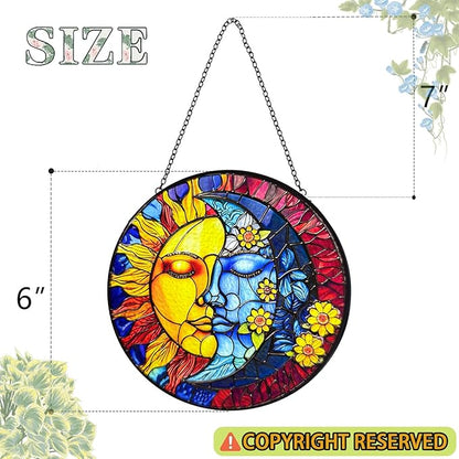 Stained Glass Moon and Sun Suncatcher with Hook and Chain, Handmade Window Hanging for Home and Garden, for Christmas, Party, Wedding, Birthday