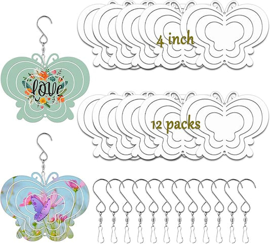 12 Pack 4inch Sublimation Wind Spinner Blanks 3D Aluminum Metal Wind Sculpture Kinetic Spinners for Yard Garden Indoor Art Ornaments Xmas Hanging Decoration (Butterfly)