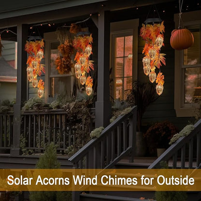 Solar Acorns Wind Chimes for Outside,Osk Leaves Danglers Mobile Lights,Outdoor Hanging Fall Decor for Garden Patio Yard,Thanksgiving Birthday Gifts for Women