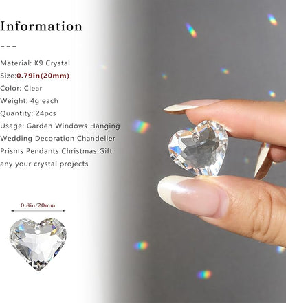 HDCRYSTALGIFTS 24pcs Crystal Heart Prisms Suncatchers 20mm Clear Glass Beads Rainbow Maker Sun Catchers Chandelier Crystals Drop Parts Glass Wedding Valentine's Day Decorations