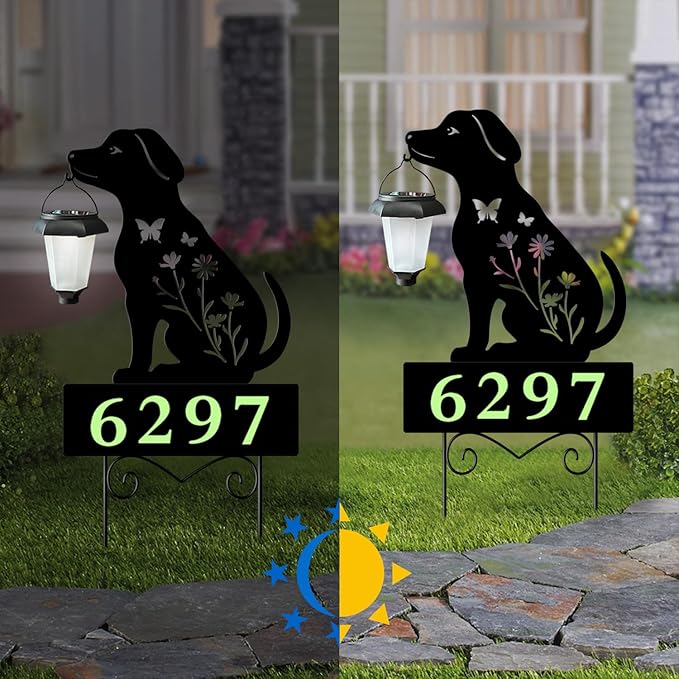 Solar Dog Garden Stakes Dog Holding Solar Lantern Decor Stakes Animal Yard Decorative Stakes Yard Sign -Number