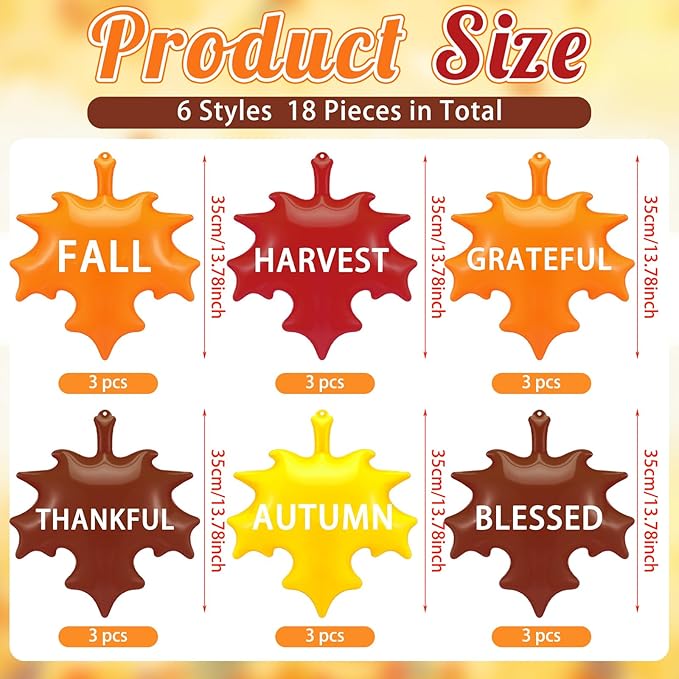 Leyndo 12 Pieces 14 Inch Thanksgiving Fall Inflatable Maple Leaf Outdoor Decorations Autumn Maple Leaf Inflatable Hanging Ornaments Decor Fall Blow up PVC Ornaments for Harvest Party Supplies