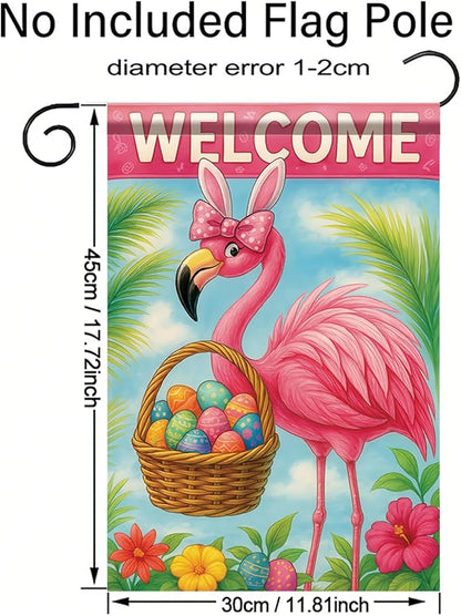 Spring Easter Garden Flag 12x18 Inch Flamingo Bunny Welcome Egg Basket Tropical Floral Design Outdoor Yard Porch Lawn Garden for Seasonal Farmhouse Home Decor
