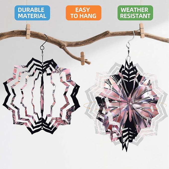 8 Inch Sublimation Wind Spinner, 3D Aluminum Metal Wind Spinner with Hook, Indoor Yard Garden Hanging Decoration, Weather Resistant Rotating Spiral Ornament, Shiny Pink Butterfly