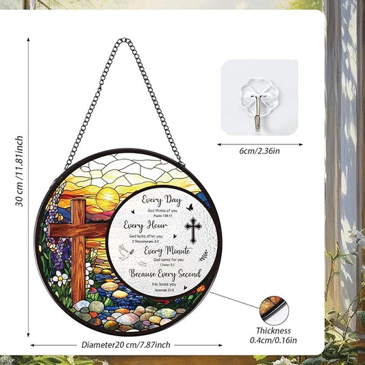 Cross Stained Glass Window Hanging, Bible Catchers Indoor Window Gifts for Grandma Mom Women Men, Christmas Wall Art Decor for Home Garden Doors