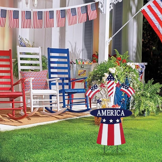 hogardeck 4th of July Decorations Outdoor, 31" Metal Patriotic Hat with Flag Star Rocket Decorative Garden Stakes for Fourth of July Decorations, Memorial Day Yard Signs for Garden Lawn Porch Decor