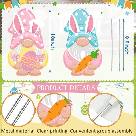 2 Pcs Easter/Spring Outdoor Decorations 16 Inch Easter Yard Signs Metal Pastel Gnome/Rustic Bunny/Lavender Garden Stakes for Home Outside Pathway Lawn Backyard Patio Farmhouse Party Decor(Gnome)