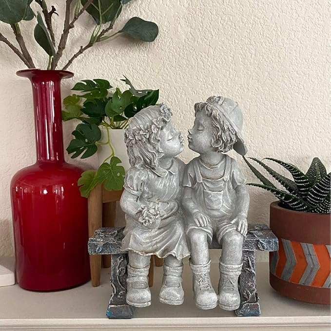 Lily's Home First Kiss Resin Garden Statue, Little Girl and Boy Kissing Yard Miniature Figurine,Small and Exquisite, 8 ¼ Inch