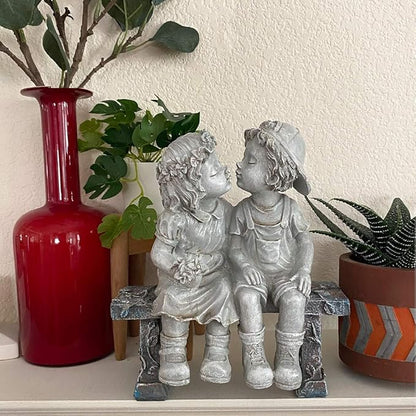 Lily's Home First Kiss Resin Garden Statue, Little Girl and Boy Kissing Yard Miniature Figurine,Small and Exquisite, 8 ¼ Inch