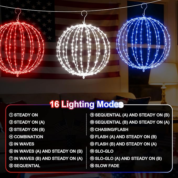 16 Inch 3PK Patriotic Light Ball, Red White Blue Foldable Metal Sphere Lights with 320 LED 16 Modes & Timer, Hanging Globe Lights for 4th of July, Memorial Day & Independence Day Outdoor Holiday Decor