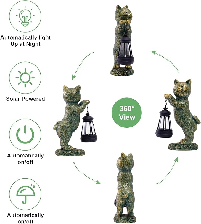 Cat Statues for Garden Decor: Outdoor Sculpture with Warm Lights for Balcony Lawn Patio Yard - Gifts for Mom Grandma Women
