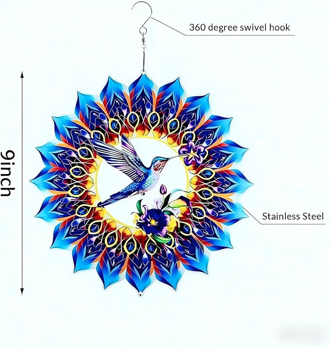 Hummingbird Metal Wind Spinner, 9 Inch Hanging Garden Decor for Patio, Porch, Balcony or Yard, Colorful Hummingbird Gift for Women, Mom, Grandma or Wife