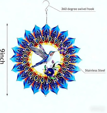 Hummingbird Metal Wind Spinner, 9 Inch Hanging Garden Decor for Patio, Porch, Balcony or Yard, Colorful Hummingbird Gift for Women, Mom, Grandma or Wife