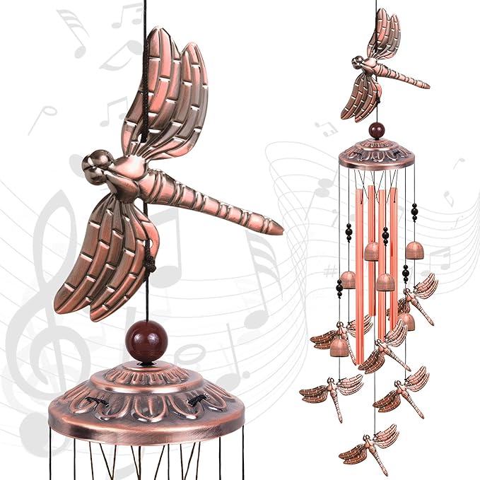 Red Copper Dragonfly Wind Chimes - Garden, Home & Patio, Balconies, Room, Indoor, Outdoor Decoration, Dragonfly Decor, Outdoor Dragonflies Wind Catcher, Memorial Wind Bells Gifts for Mom & Women