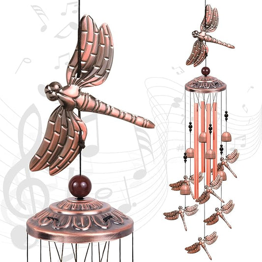Red Copper Dragonfly Wind Chimes - Garden, Home & Patio, Balconies, Room, Indoor, Outdoor Decoration, Dragonfly Decor, Outdoor Dragonflies Wind Catcher, Memorial Wind Bells Gifts for Mom & Women
