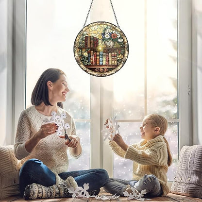Book Stained Glass Suncatcher Ornament, Stained Glass Window Hanging, Sun Catchers Indoor Window, Suncatchers for Windows Hanging, Home Garden Decor Glass Panel, Bookish Gifts for Women Reader Lovers