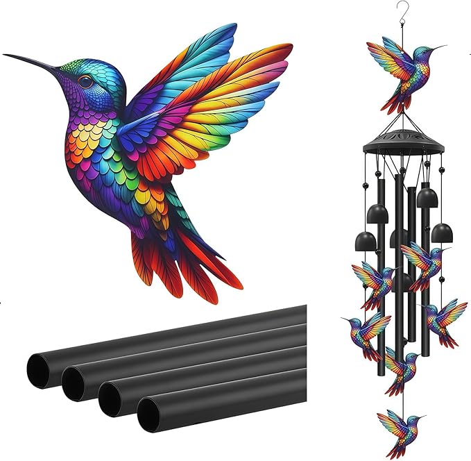 Outdoor Hummingbird Wind Chimes: Colorful Metal Commemorative Gifts of 7 Handmade Hummingbirds, Soothing Melodies in Gardens, Courtyards, and Terraces