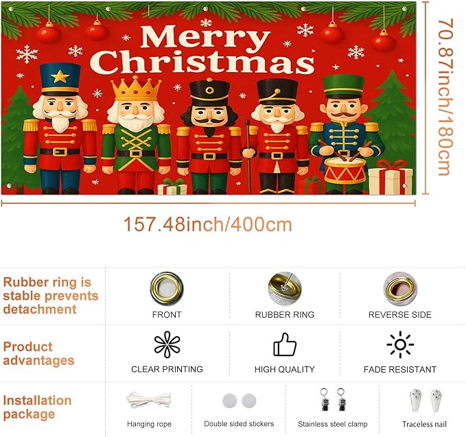 IVN Christmas Garage Door Cover Decoration 13x6ft Nutcracker Lineup Green Accents Red Banner Merry Christmas Garage Door Banner Home Door Front Yard Decor for Xmas Eve Holiday Outdoor