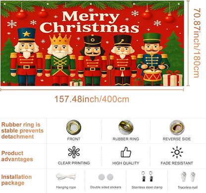 IVN Christmas Garage Door Cover Decoration 13x6ft Nutcracker Lineup Green Accents Red Banner Merry Christmas Garage Door Banner Home Door Front Yard Decor for Xmas Eve Holiday Outdoor