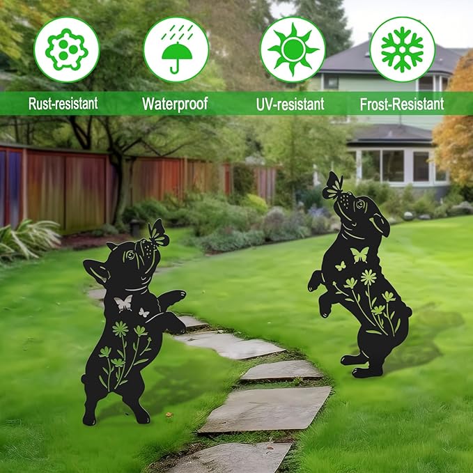 Metal French Bulldog Garden Decor for Outside,Black Dog Silhouette Decorative Yard Art for Outdoor Stakes,Lawn,Pathway,Gifts for Dog Lovers