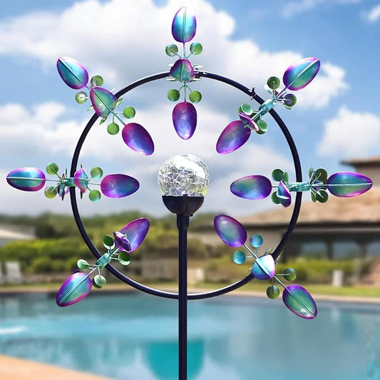 Large Solar Wind Spinner for Yard and Garden – 360° Kinetic Metal Wind Sculpture with LED Crackle Glass Ball, Waterproof Outdoor Stake Decor for Patio, Lawn & Backyard Art Decoration