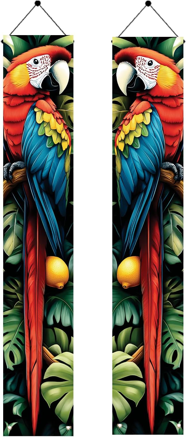 Tropical Parrot Porch Banners 71x12 Inch Summer Luau Party Decorations Colorful Macaw Hanging Door Signs Jungle Leaves Citrus Fruits Outdoor Patio Welcome Banner for Home Decor