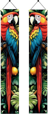 Tropical Parrot Porch Banners 71x12 Inch Summer Luau Party Decorations Colorful Macaw Hanging Door Signs Jungle Leaves Citrus Fruits Outdoor Patio Welcome Banner for Home Decor