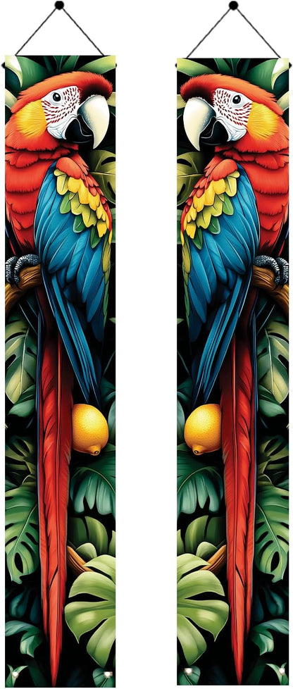 Tropical Parrot Porch Banners 71x12 Inch Summer Luau Party Decorations Colorful Macaw Hanging Door Signs Jungle Leaves Citrus Fruits Outdoor Patio Welcome Banner for Home Decor