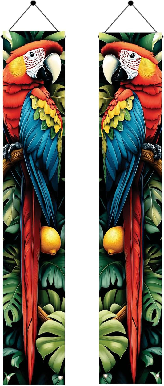 Tropical Parrot Porch Banners 71x12 Inch Summer Luau Party Decorations Colorful Macaw Hanging Door Signs Jungle Leaves Citrus Fruits Outdoor Patio Welcome Banner for Home Decor