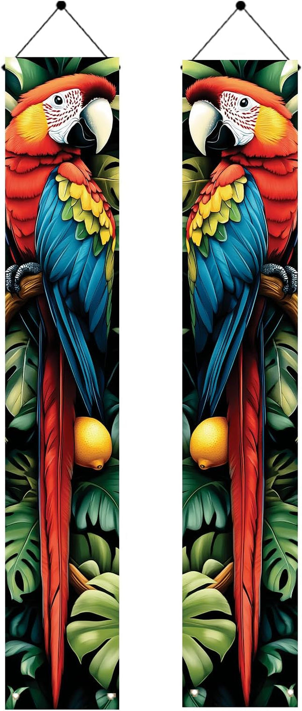 Tropical Parrot Porch Banners 71x12 Inch Summer Luau Party Decorations Colorful Macaw Hanging Door Signs Jungle Leaves Citrus Fruits Outdoor Patio Welcome Banner for Home Decor