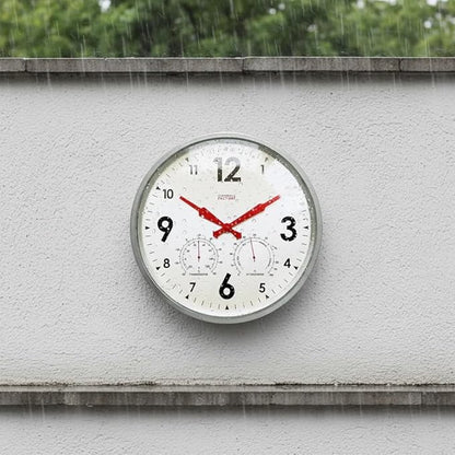 Cloudnola Indoor Outdoor Waterproof Metal Wall Clock with Thermometer and Hygrometer, Zinc Gray, 12 inch Silent Non-Ticking Battery Operated Quality Quartz Round Clock for Patio and Home Decor