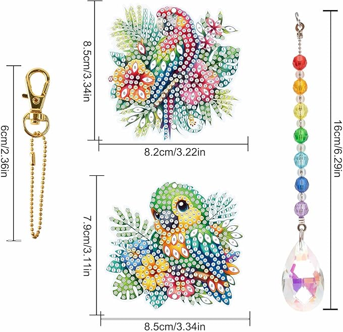 MVVMTOP 2pcs Diamond Art Painting Wind Chime with Crystal Pendant, DIY Parrot Double-Sided Design Special Shape Acrylic Crystal Diamond Ornament, Home Window Garden Hanging Pendant Decoration