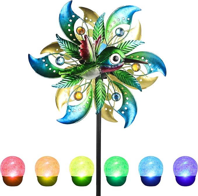 Hummingbird Solar Wind Spinner with Color Changing LED Light, Wind Sculptures & Spinners Outdoor Metal Stake Yard Spinners, Garden Wind Catcher Wind Mills, Lawn&Garden