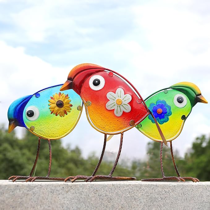 LEGIFO Bird Garden Decor for Outside, Glass & Metal Yard Art Decorations Outdoor Decor for Patio Backyard, Gift for Women Grandma Mom（3 Pack）
