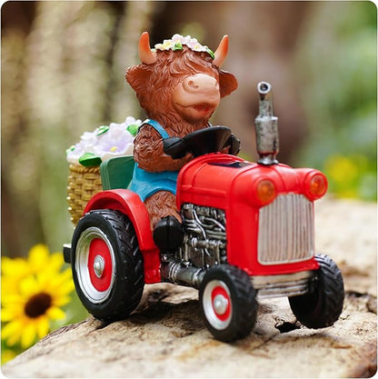 Highland Cow Garden Statue with Solar Light, Farm Animal Decor for Garden, Patio or Lawn, Tractor Riding Outdoor Ornament with Purple Flowers