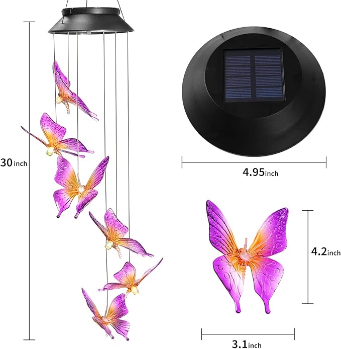 Bursvik Butterfly Solar Wind Chimes, Automatic Color Changing Hanging Solar Lights for Outside,IPX65 Waterproof Mobile Hanging Decorative for Garden Patio Yard,Birthday Gifts for Mom Women