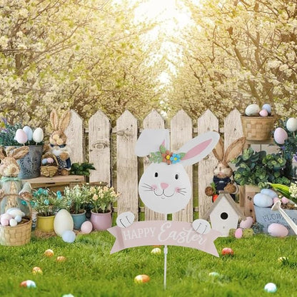 Easter Decorations Outdoor Metal Bunny Decorative Garden Stakes Happy Easter Decor Outdoor 3D Spring Yard Decor Farmhouse Rabbit for Home Outside Lawn Front Porch Happy Easter Yard Sign